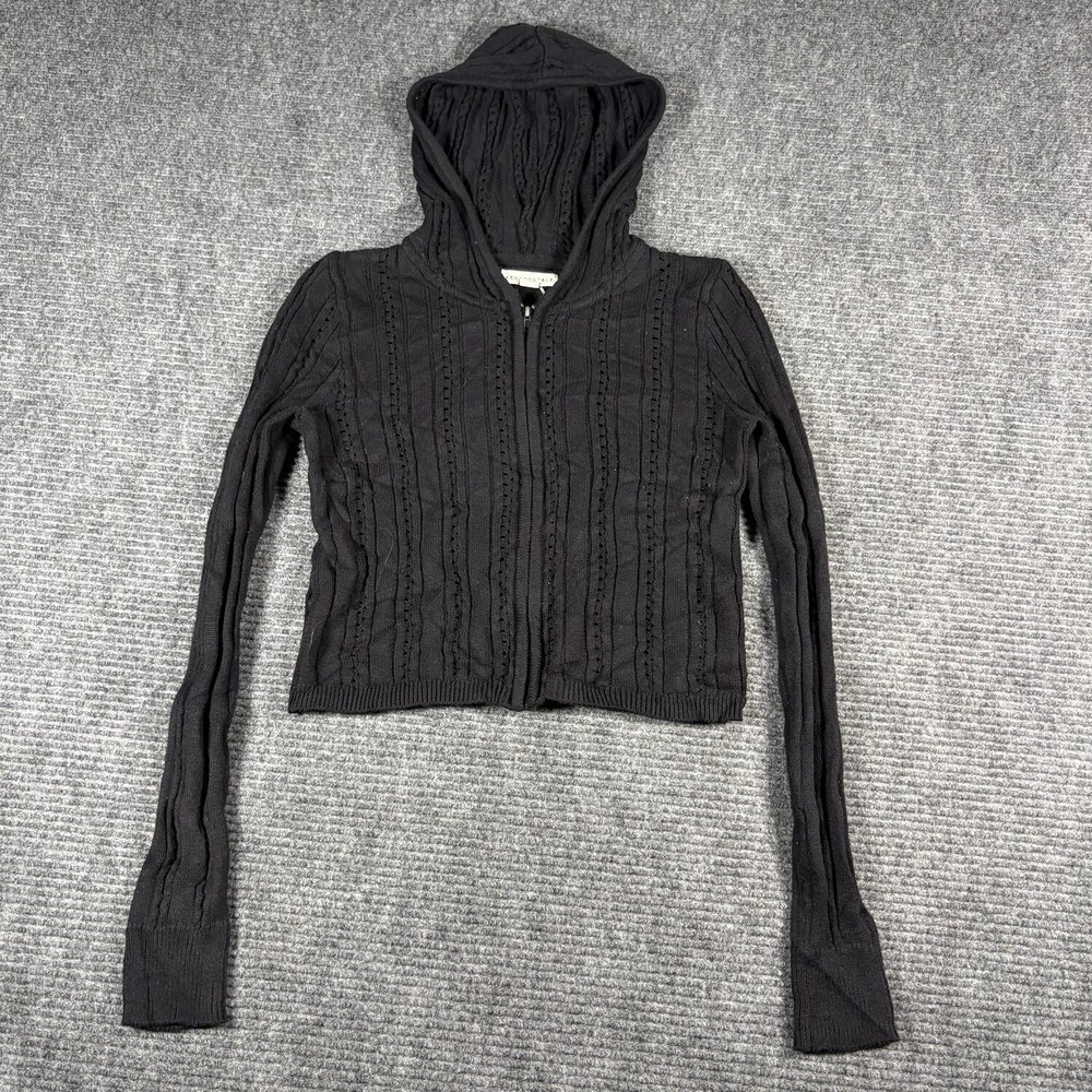 Aeropostale Sweater Hoodie Womens M Black Excellent Pointelle Zip Up Cropped
